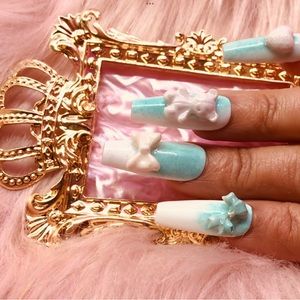 Luxury White & Blue Hearts and BowsPress On